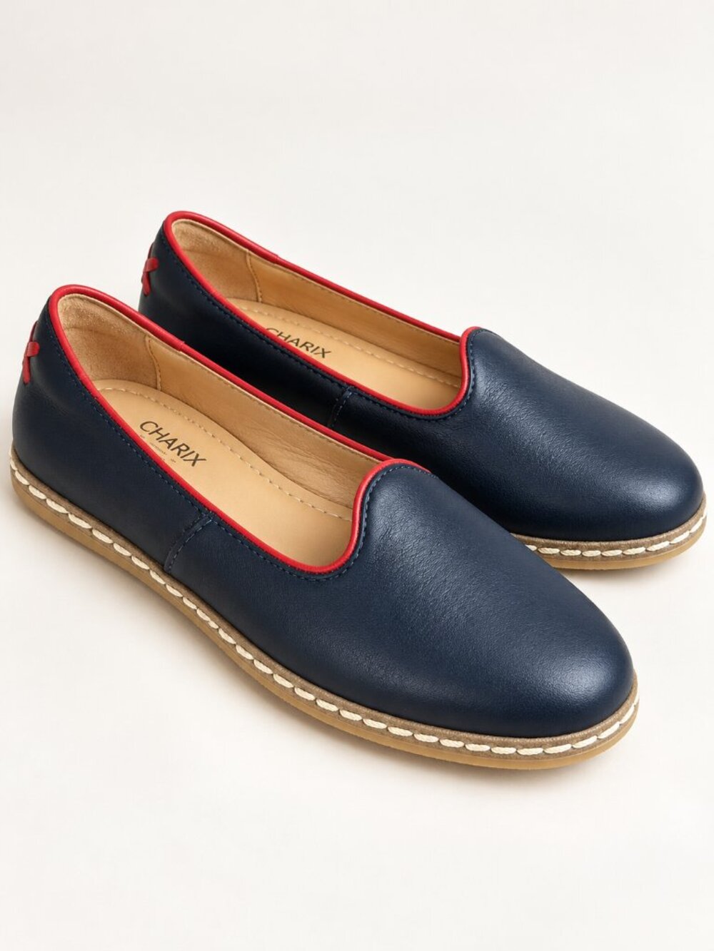Charix Navy Blue Leather Slip On Flats Red Trim Womens EU 39 Casual Loafers